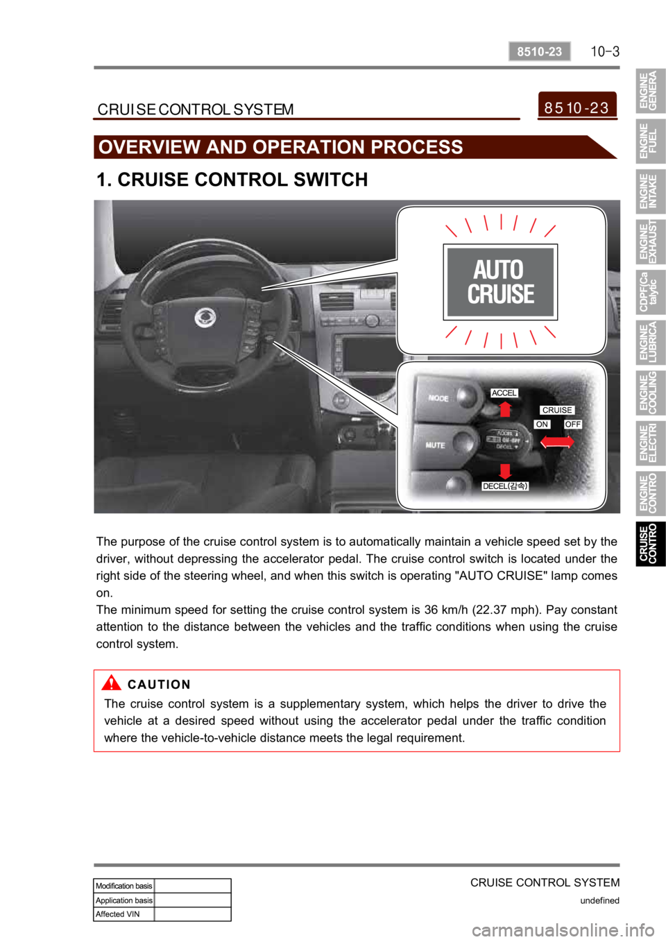 SSANGYONG REXTON 2008 Service Manual CRUISE CONTROL SYSTEM
undefined
8510-23
1. CRUISE CONTROL SWITCH
8510-23CRUISE CONTROL SYSTEM
The purpose of the cruise control system is to automatically maintain a vehicle speed set by the
driver, SSANGYONG REXTON 2008 Service Manual CRUISE CONTROL SYSTEM
undefined
8510-23
1. CRUISE CONTROL SWITCH
8510-23CRUISE CONTROL SYSTEM
The purpose of the cruise control system is to automatically maintain a vehicle speed set by the
driver,