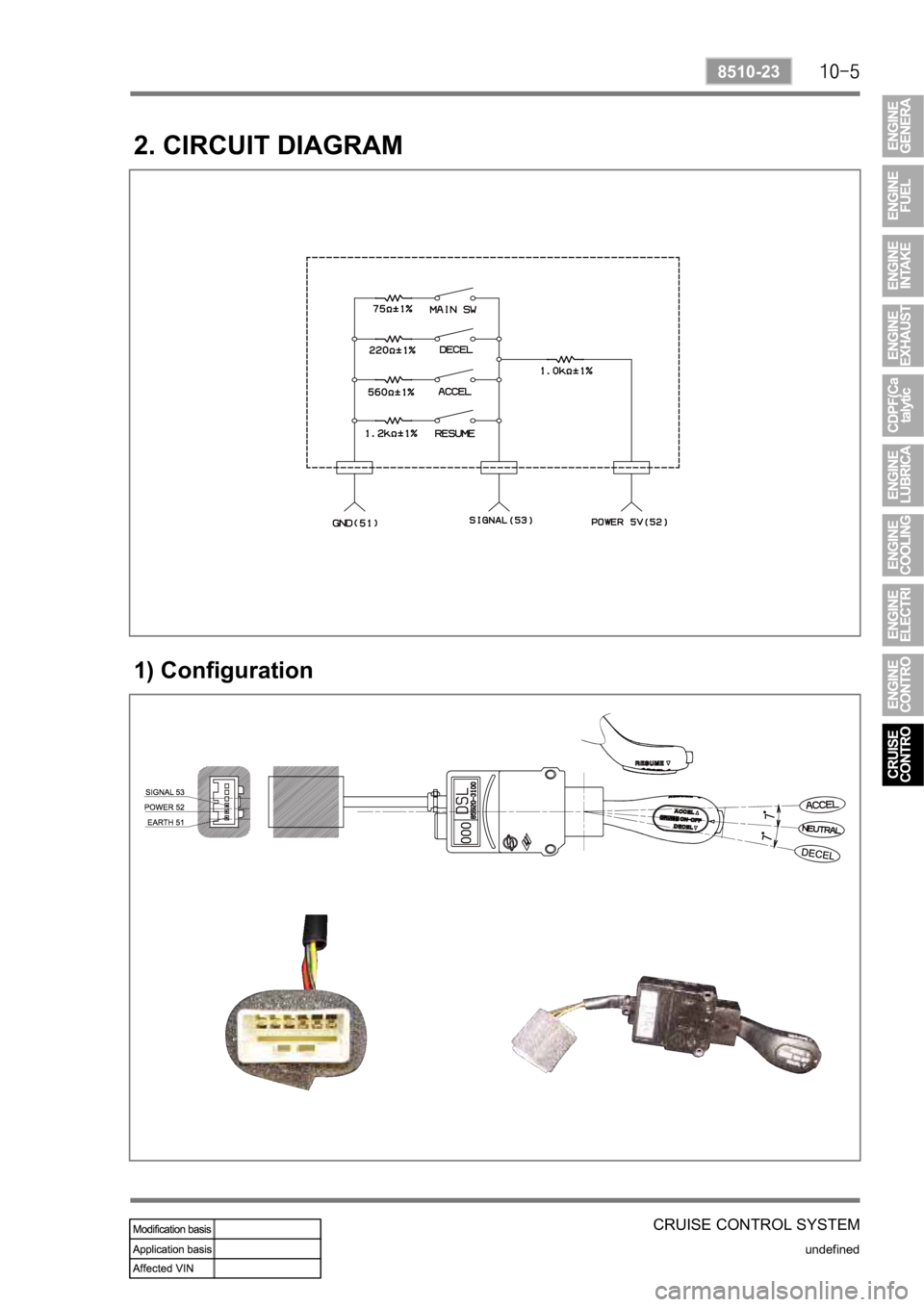 SSANGYONG REXTON 2008 Service Manual CRUISE CONTROL SYSTEM
undefined
8510-23
2. CIRCUIT DIAGRAM
1) Configuration SSANGYONG REXTON 2008 Service Manual CRUISE CONTROL SYSTEM
undefined
8510-23
2. CIRCUIT DIAGRAM
1) Configuration