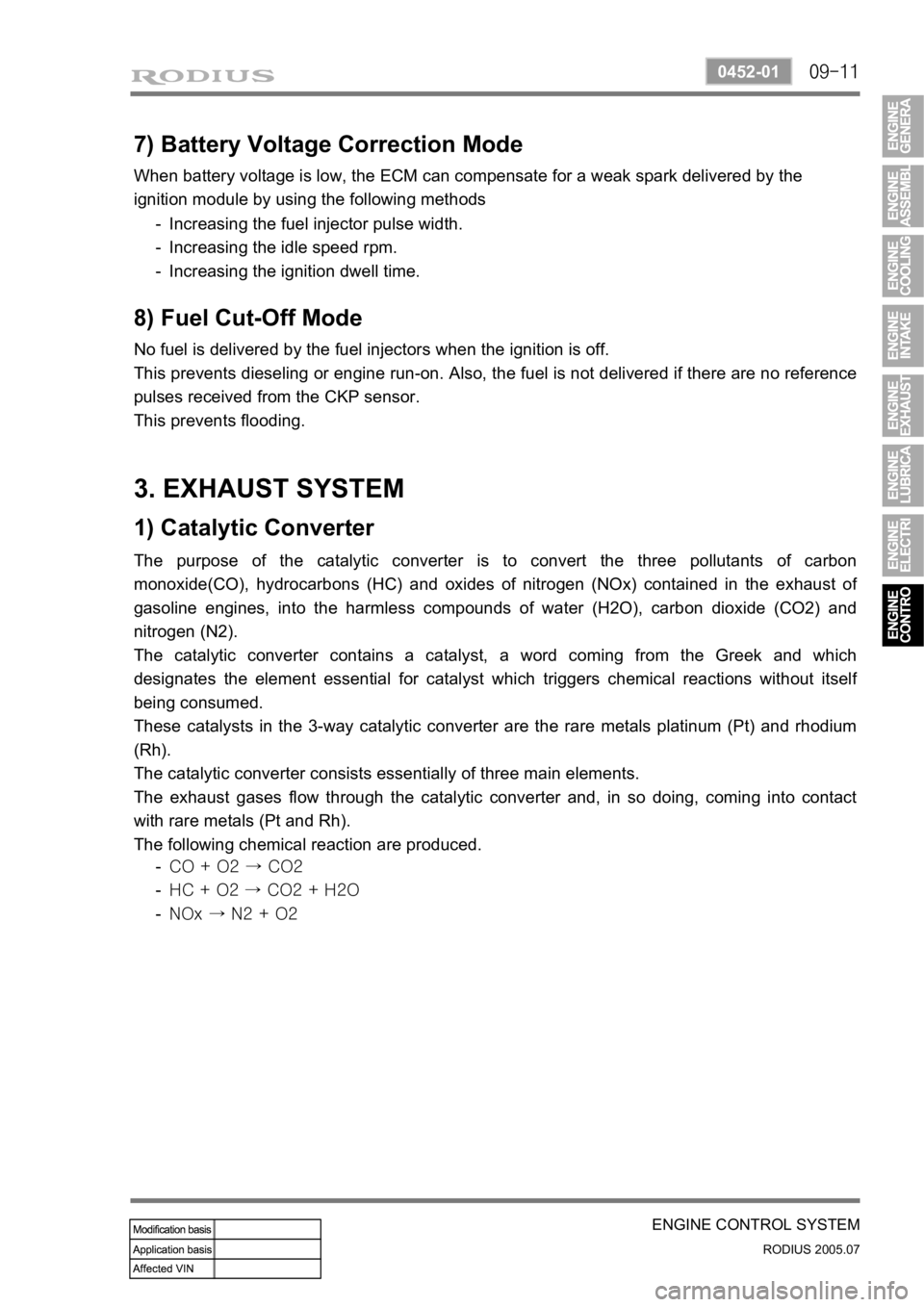SSANGYONG RODIUS 2005 Service Manual 09-11
ENGINE CONTROL SYSTEM
RODIUS 2005.07
0452-01
No fuel is delivered by the fuel injectors when the ignition is off.
This prevents dieseling or engine run-on. Also, the fuel is not delivered if th SSANGYONG RODIUS 2005 Service Manual 09-11
ENGINE CONTROL SYSTEM
RODIUS 2005.07
0452-01
No fuel is delivered by the fuel injectors when the ignition is off.
This prevents dieseling or engine run-on. Also, the fuel is not delivered if th