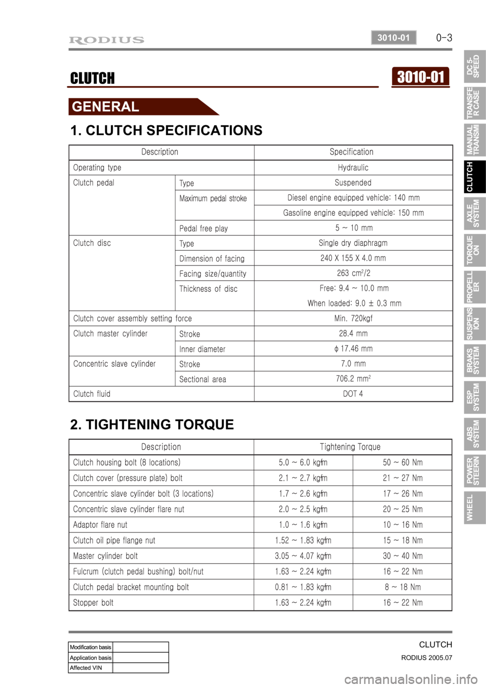 SSANGYONG RODIUS 2005 User Guide 0-3
CLUTCH
RODIUS 2005.07
3010-01
3010-01CLUTCH
1. CLUTCH SPECIFICATIONS
2. TIGHTENING TORQUE SSANGYONG RODIUS 2005 User Guide 0-3
CLUTCH
RODIUS 2005.07
3010-01
3010-01CLUTCH
1. CLUTCH SPECIFICATIONS
2. TIGHTENING TORQUE