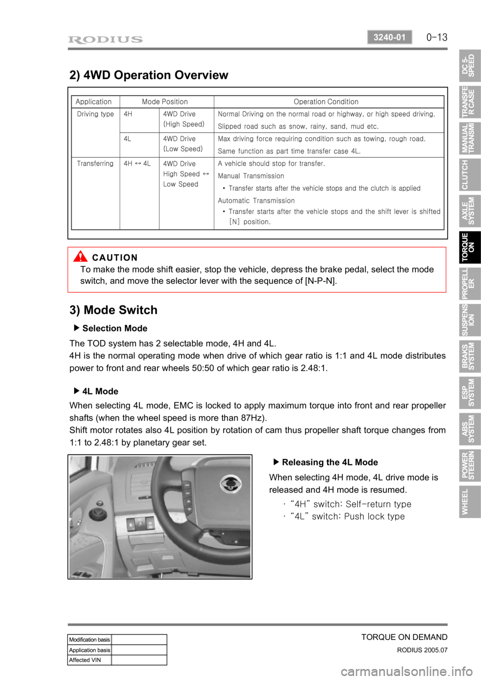 SSANGYONG RODIUS 2005  Service Manual 0-13
TORQUE ON DEMAND
RODIUS 2005.07
3240-01
2) 4WD Operation Overview
To make the mode shift easier, stop the vehicle, depress the brake pedal, select the mode 
switch, and move the selector lever wi