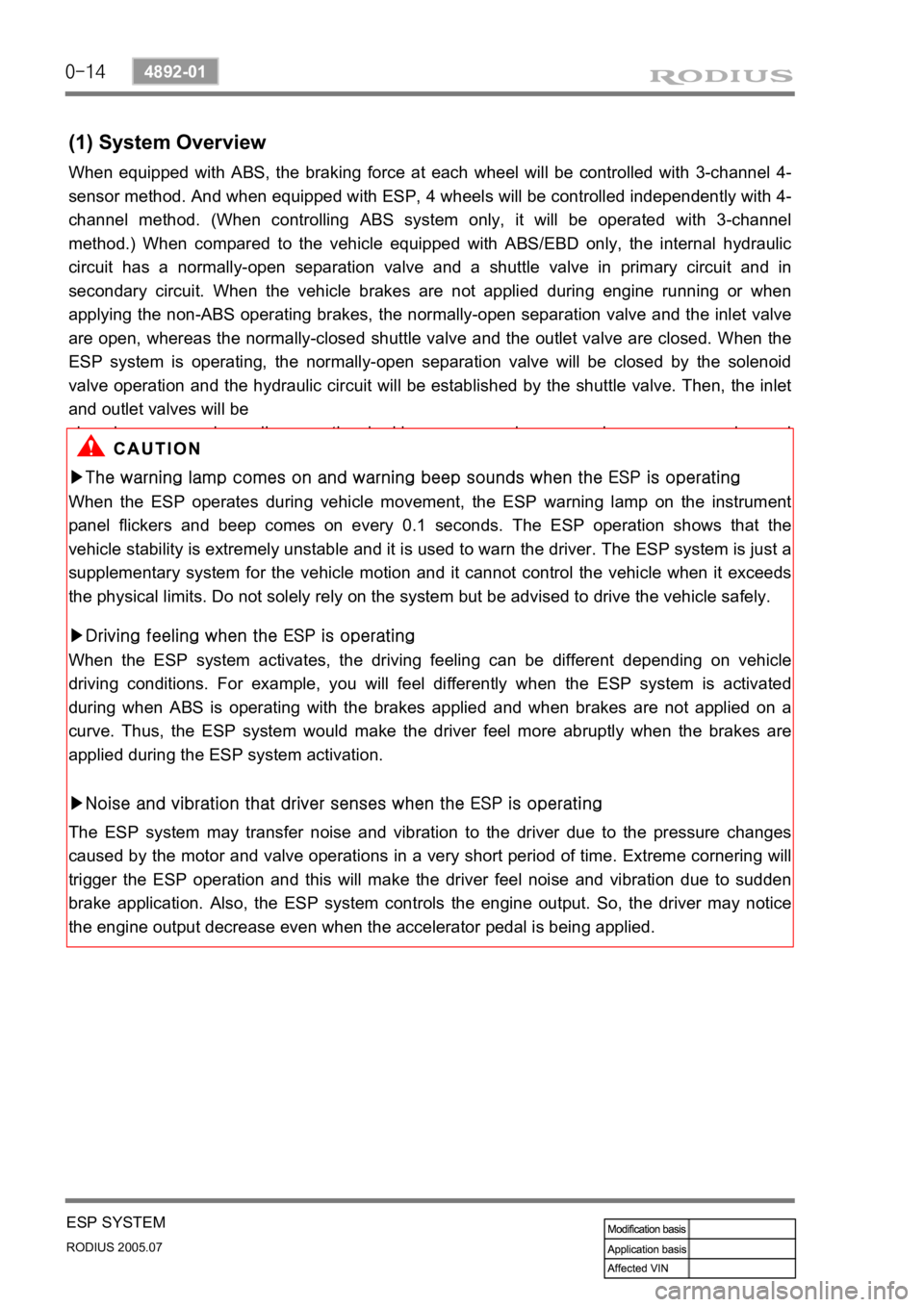 SSANGYONG RODIUS 2005 Service Manual 0-14
RODIUS 2005.07
4892-01
ESP SYSTEM
(1) System Overview
When equipped with ABS, the braking force at each wheel will be controlled with 3-channel 4-
sensor method. And when equipped with ESP, 4 whe SSANGYONG RODIUS 2005 Service Manual 0-14
RODIUS 2005.07
4892-01
ESP SYSTEM
(1) System Overview
When equipped with ABS, the braking force at each wheel will be controlled with 3-channel 4-
sensor method. And when equipped with ESP, 4 whe