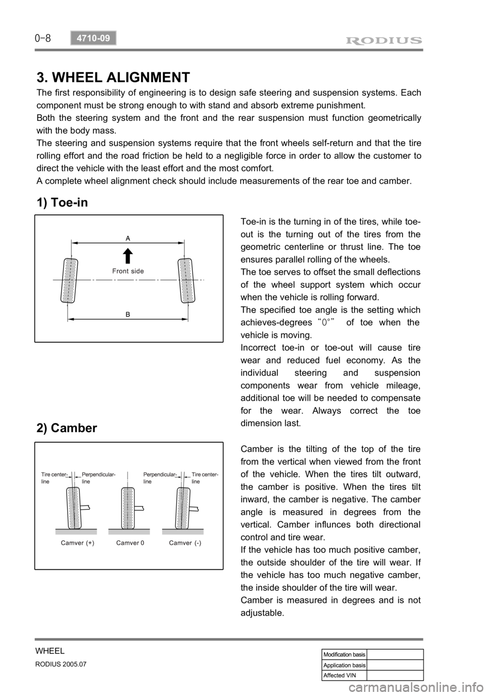 SSANGYONG RODIUS 2005 Service Manual 0-8
RODIUS 2005.07
4710-09
WHEEL
3. WHEEL ALIGNMENT
The first responsibility of engineering is to design safe steering and suspension systems. Each
component must be strong enough to with stand and SSANGYONG RODIUS 2005 Service Manual 0-8
RODIUS 2005.07
4710-09
WHEEL
3. WHEEL ALIGNMENT
The first responsibility of engineering is to design safe steering and suspension systems. Each
component must be strong enough to with stand and