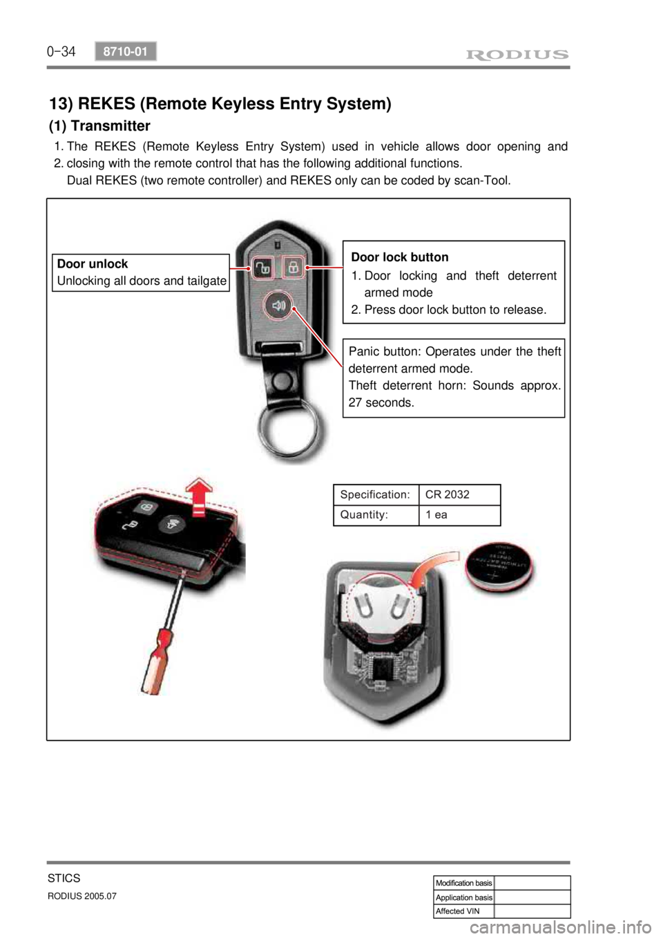 SSANGYONG RODIUS 2005 Service Manual 0-34
RODIUS 2005.07
8710-01
STICS
13) REKES (Remote Keyless Entry System)
(1) Transmitter
The REKES (Remote Keyless Entry System) used in vehicle allows door opening and
closing with the remote cont SSANGYONG RODIUS 2005 Service Manual 0-34
RODIUS 2005.07
8710-01
STICS
13) REKES (Remote Keyless Entry System)
(1) Transmitter
The REKES (Remote Keyless Entry System) used in vehicle allows door opening and
closing with the remote cont