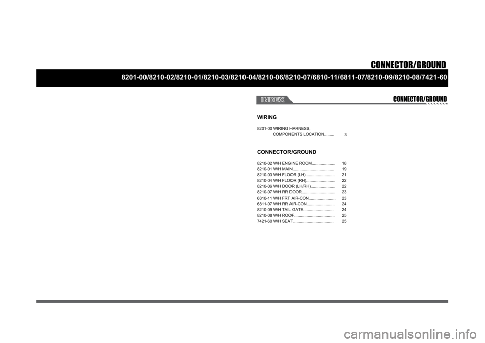 SSANGYONG RODIUS 2005  Service Manual CONNECTOR/GROUND
8201-00/8210-02/8210-01/8210-03/8210-04/8210-06/8210-07/6810-11/6811-07/8210-09/8210-08/7421-60
CONNECTOR/GROUND
WIRING8201-00 WIRING HARNESS,  
              COMPONENTS LOCATION.....