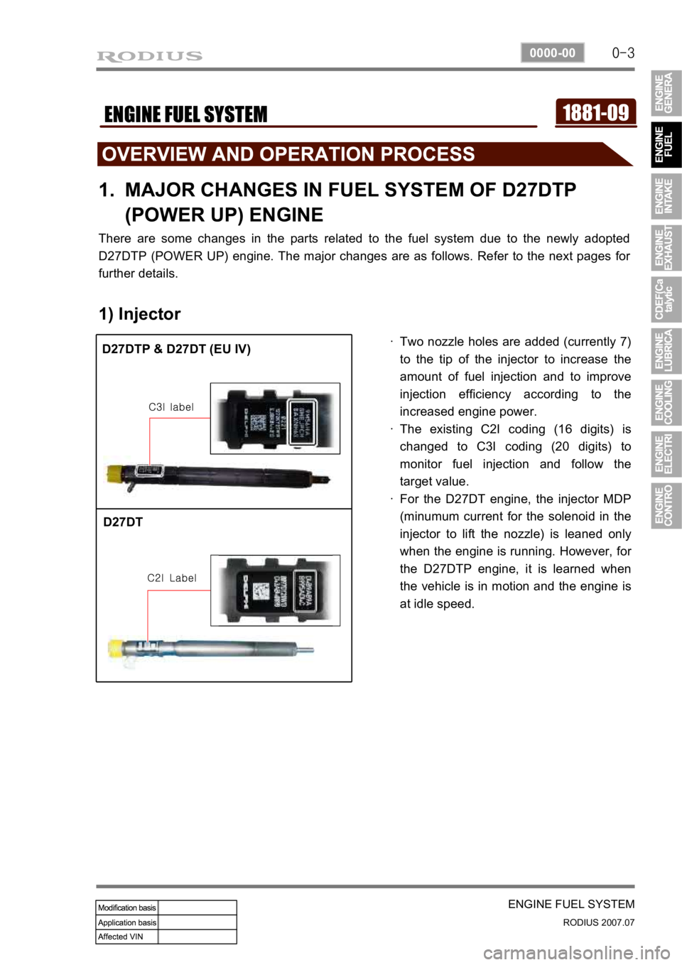 SSANGYONG RODIUS 2006  Service Manual 0-3
ENGINE FUEL SYSTEM
RODIUS 2007.07
0000-00
1881-09ENGINE FUEL SYSTEM
MAJOR CHANGES IN FUEL SYSTEM OF D27DTP 
(POWER UP) ENGINE 1.
There are some changes in the parts related to the fuel system due 