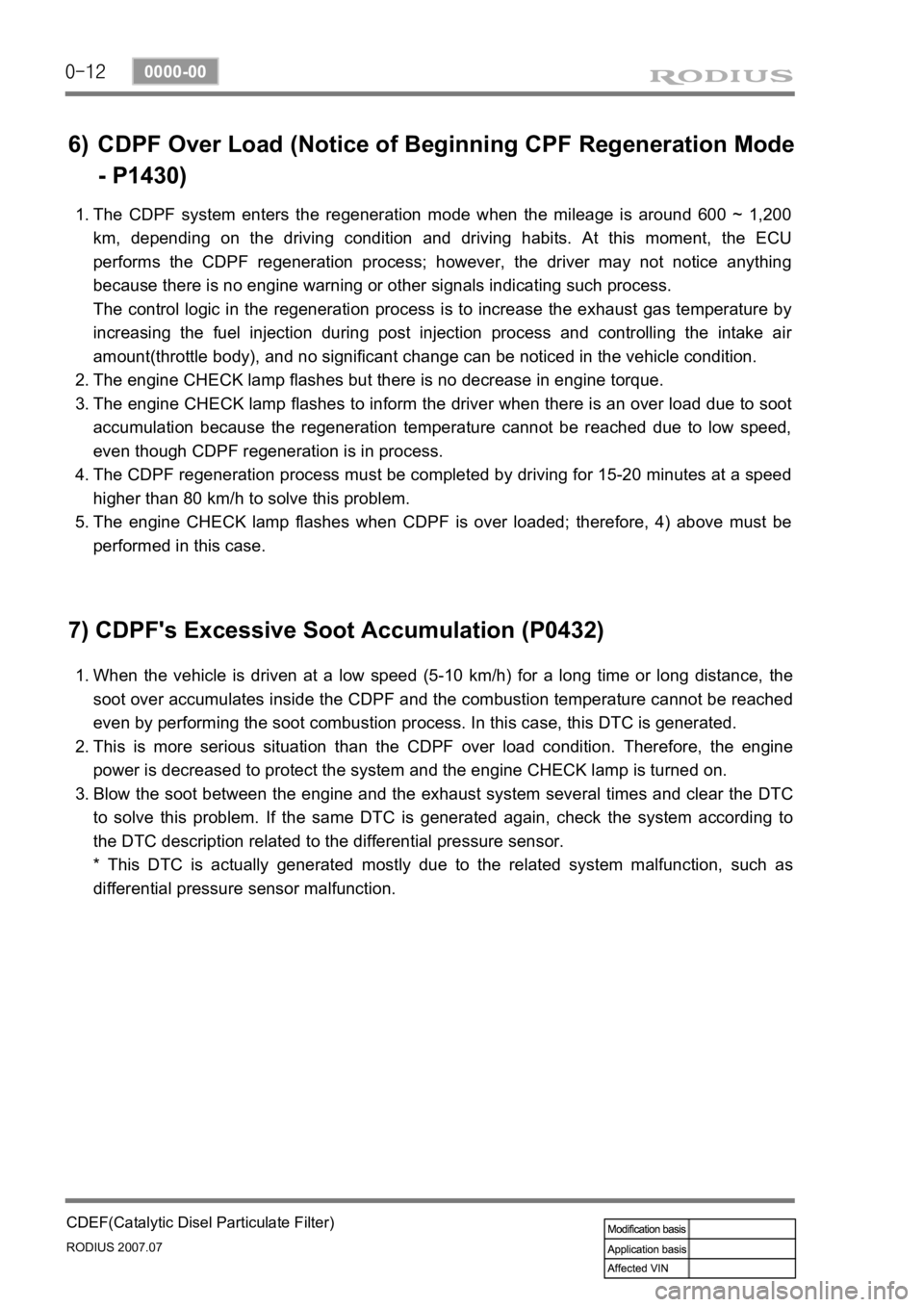 SSANGYONG RODIUS 2006  Service Manual 0-12
RODIUS 2007.07
0000-00
CDEF(Catalytic Disel Particulate Filter)
6) CDPF Over Load (Notice of Beginning CPF Regeneration Mode 
- P1430)
The CDPF system enters the regeneration mode when the mileag