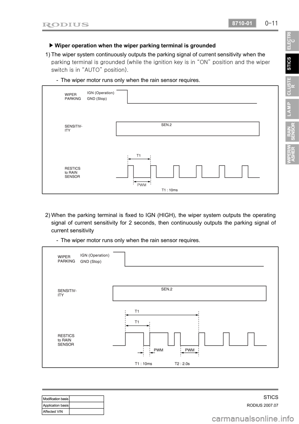 SSANGYONG RODIUS 2006 Owners Manual 0-11
STICS
RODIUS 2007.07
8710-01
Wiper operation when the wiper parking terminal is grounded ▶
The wiper system continuously outputs the parking signal of current sensitivity when the 
<00970088009