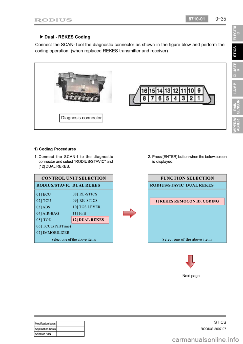 SSANGYONG RODIUS 2006  Service Manual 0-35
STICS
RODIUS 2007.07
8710-01
Dual - REKES Coding 
▶ 
Connect the SCAN-Tool the diagnostic connector as shown in the figure blow and perform the  
coding operation. (when replaced REKES transmit