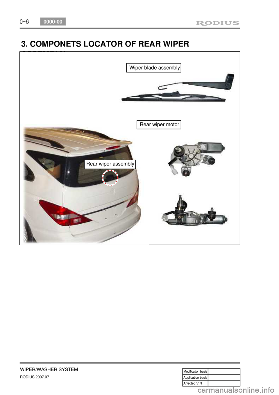 SSANGYONG RODIUS 2006  Service Manual 0-6
RODIUS 2007.07
0000-00
WIPER/WASHER SYSTEM
3. COMPONETS LOCATOR OF REAR WIPER  
ASSEMBLY
Rear wiper assembly
Rear wiper motor
Wiper blade assembly 