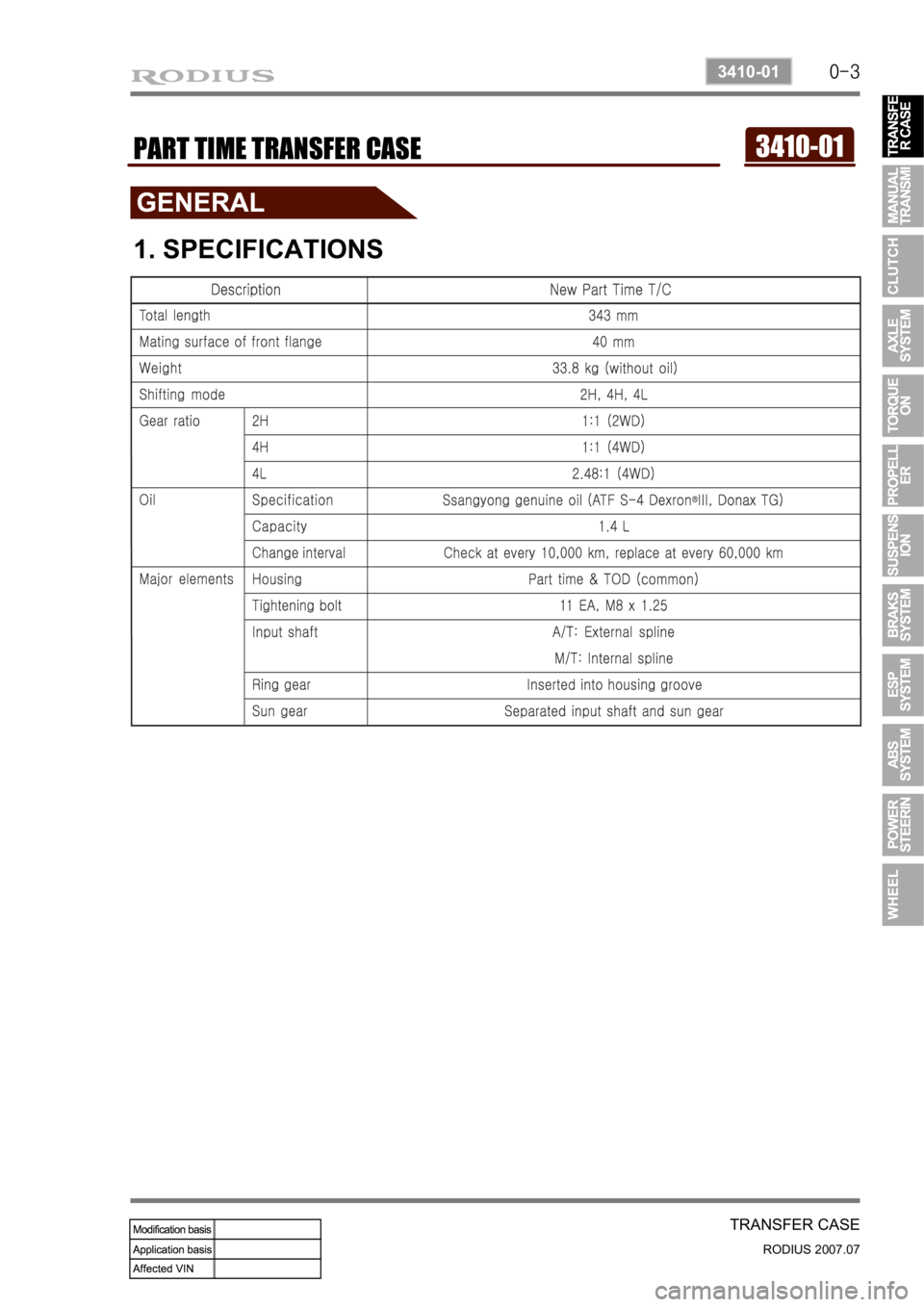 SSANGYONG RODIUS 2006  Service Manual 0-3
TRANSFER CASE
RODIUS 2007.07
3410-01
3410-01PART TIME TRANSFER CASE
1. SPECIFICATIONS 