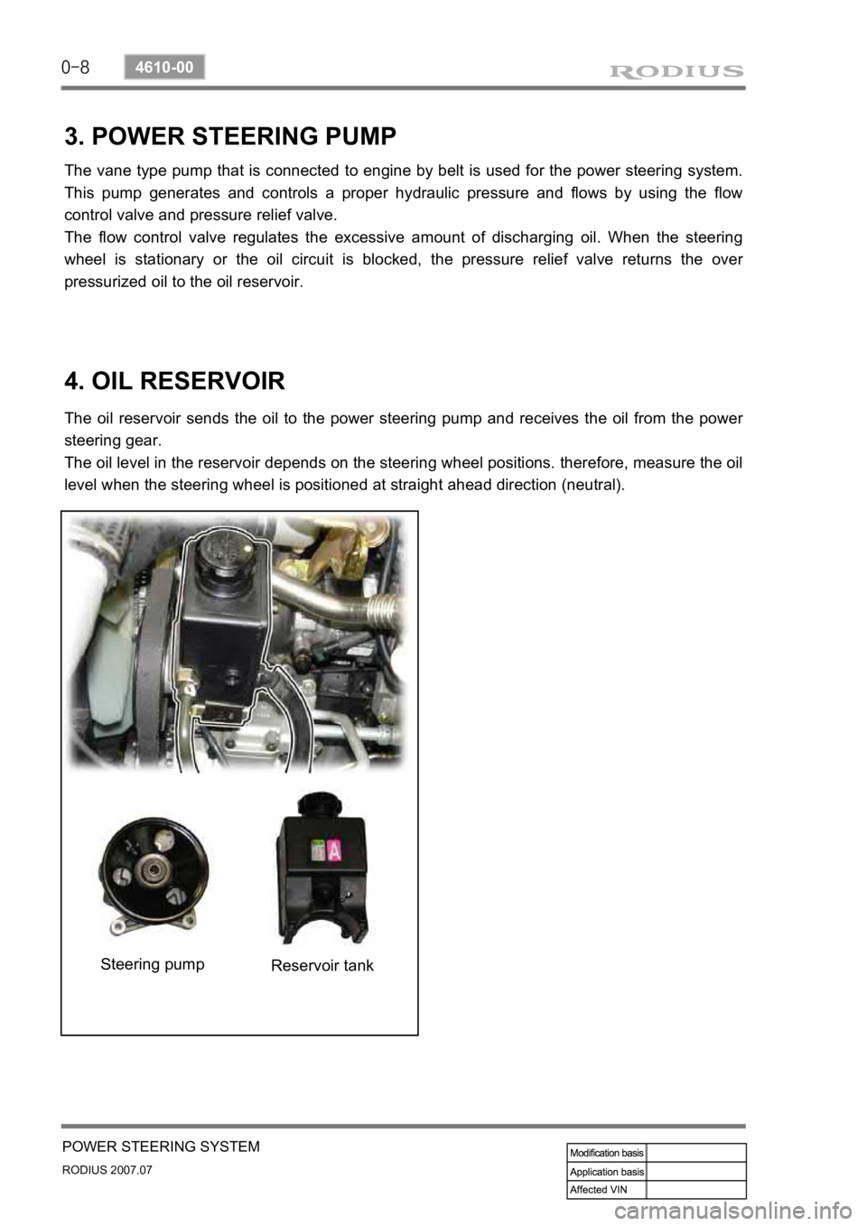 SSANGYONG RODIUS 2006 Service Manual 0-8
RODIUS 2007.07
4610-00
POWER STEERING SYSTEM
3. POWER STEERING PUMP
The vane type pump that is connected to engine by belt is used for the power steering system.
This pump generates and controls SSANGYONG RODIUS 2006 Service Manual 0-8
RODIUS 2007.07
4610-00
POWER STEERING SYSTEM
3. POWER STEERING PUMP
The vane type pump that is connected to engine by belt is used for the power steering system.
This pump generates and controls