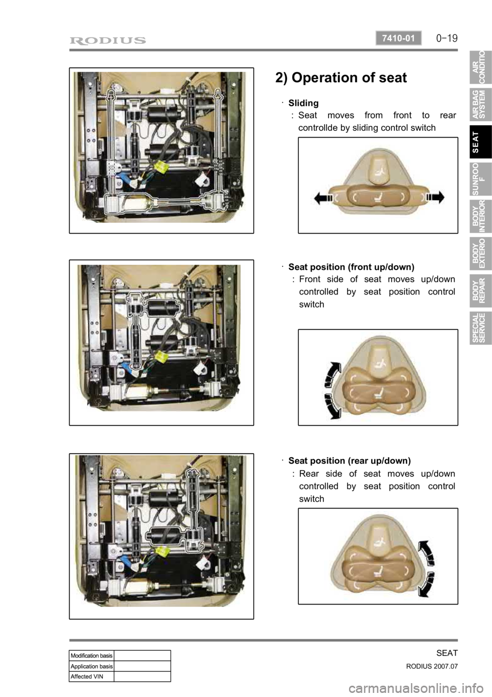 SSANGYONG RODIUS 2006  Service Manual 0-19
SEAT
RODIUS 2007.07
7410-01
2) Operation of seat
Sliding 
· 
Seat moves from front to rea
r  
controllde by sliding control switch 
:
Seat position (front up/down) 
· 
Front side of seat moves 