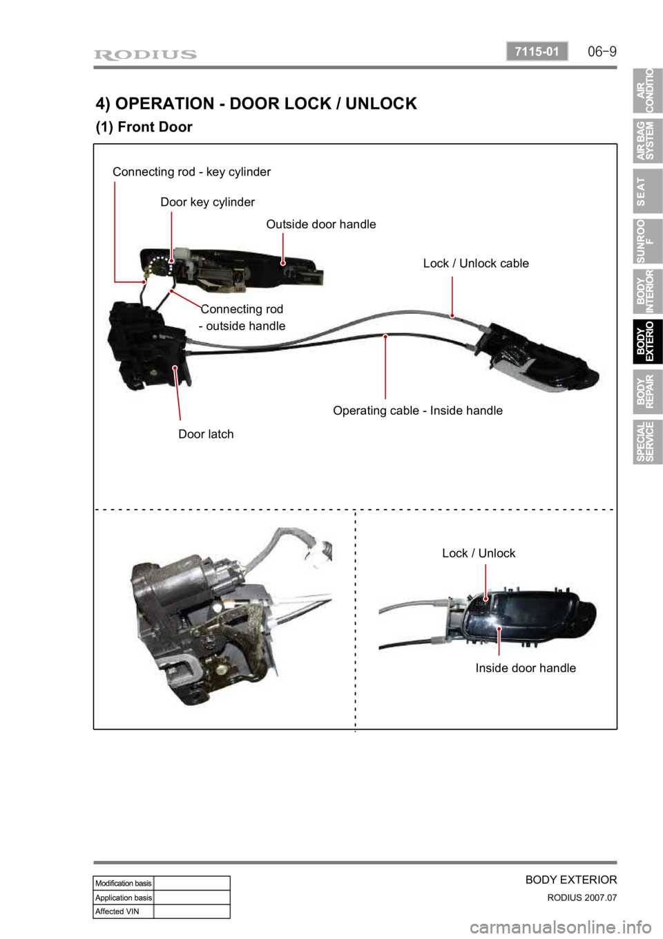 SSANGYONG RODIUS 2006 User Guide 06-9
BODY EXTERIOR
RODIUS 2007.07
7115-01
4) OPERATION - DOOR LOCK / UNLOCK
(1) Front Door
Connecting rod - key cylinder Door key cylinder Outside door handle
Lock / Unlock cable
Connecting rod
- SSANGYONG RODIUS 2006 User Guide 06-9
BODY EXTERIOR
RODIUS 2007.07
7115-01
4) OPERATION - DOOR LOCK / UNLOCK
(1) Front Door
Connecting rod - key cylinder Door key cylinder Outside door handle
Lock / Unlock cable
Connecting rod
-
