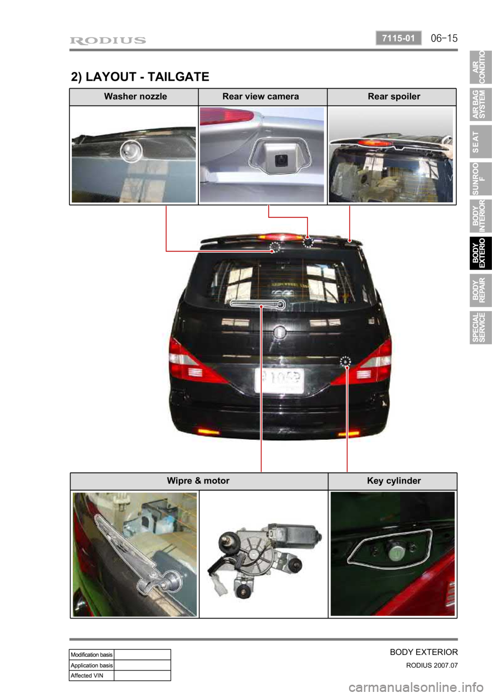 SSANGYONG RODIUS 2006  Service Manual 06-15
BODY EXTERIOR
RODIUS 2007.07
7115-01
2) LAYOUT - TAILGATE
Washer nozzle Rear view camera Rear spoiler Wipre & motor Key cylinder 