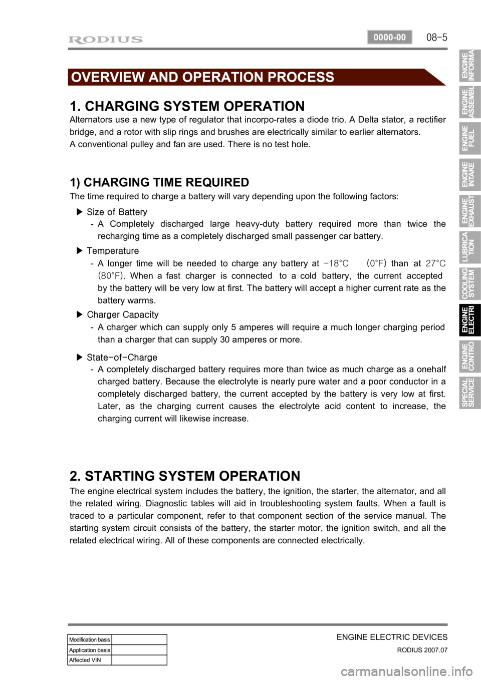 SSANGYONG RODIUS 2006  Service Manual 08-5
ENGINE ELECTRIC DEVICES
RODIUS 2007.07
0000-00
1. CHARGING SYSTEM OPERATION
Alternators use a new type of regulator that incorpo-rates a diode trio. A Delta stator, a rectifier 
bridge, and a rot