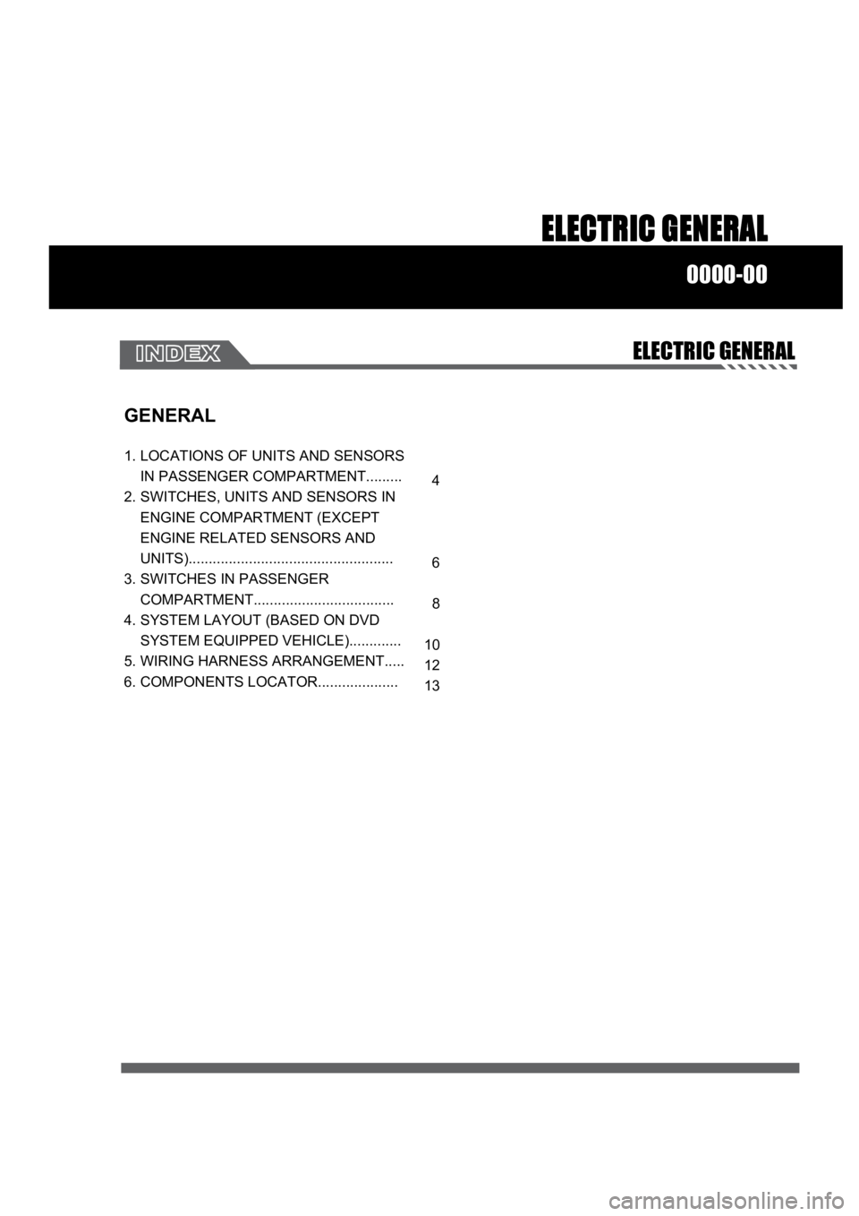 SSANGYONG RODIUS 2007  Service Manual ELECTRIC GENERAL
0000-00
ELECTRIC GENERAL
GENERAL 
1. LOCATIONS OF UNITS AND SENSORS 
    IN PASSENGER COMPARTMENT.........
2. SWITCHES, UNITS AND SENSORS IN 
    ENGINE COMPARTMENT (EXCEPT 
    ENGIN