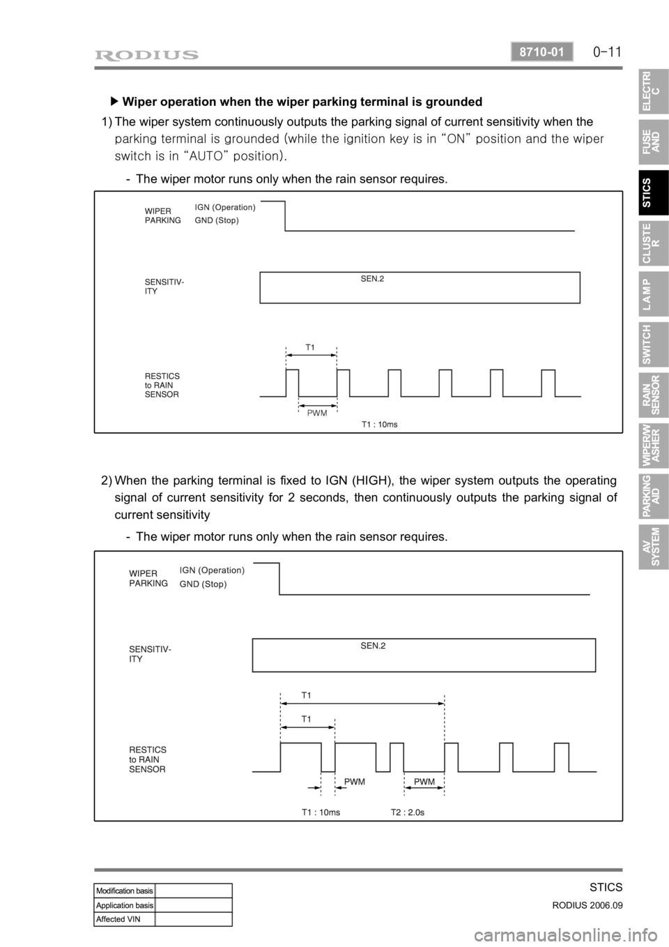 SSANGYONG RODIUS 2007 Service Manual 0-11
STICS
RODIUS 2006.09
8710-01
Wiper operation when the wiper parking terminal is grounded ▶
The wiper system continuously outputs the parking signal of current sensitivity when the
<00970088009 SSANGYONG RODIUS 2007 Service Manual 0-11
STICS
RODIUS 2006.09
8710-01
Wiper operation when the wiper parking terminal is grounded ▶
The wiper system continuously outputs the parking signal of current sensitivity when the
<00970088009
