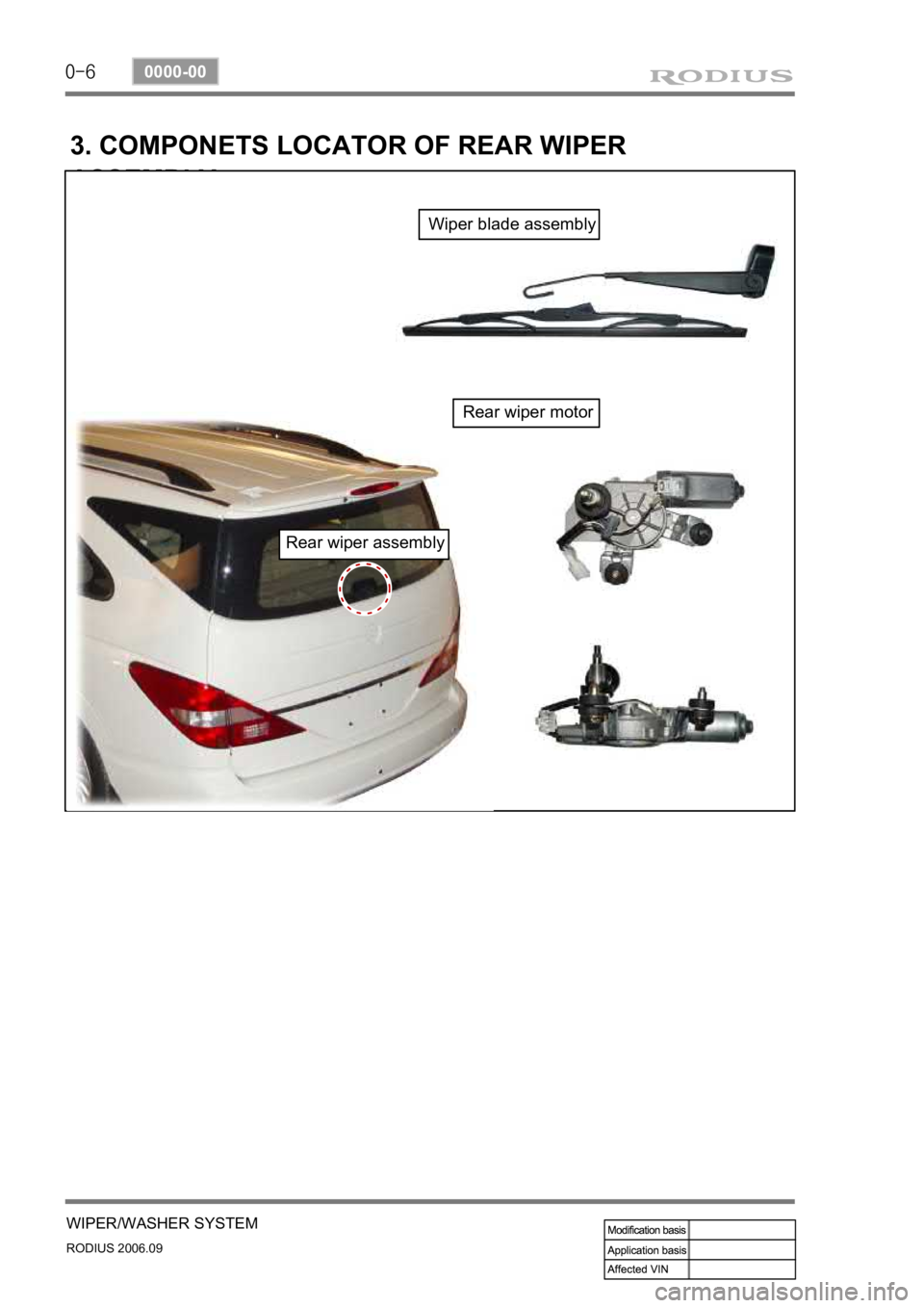 SSANGYONG RODIUS 2007  Service Manual 0-6
RODIUS 2006.09
0000-00
WIPER/WASHER SYSTEM
3. COMPONETS LOCATOR OF REAR WIPER  
ASSEMBLY
Rear wiper assembly
Rear wiper motor
Wiper blade assembly 