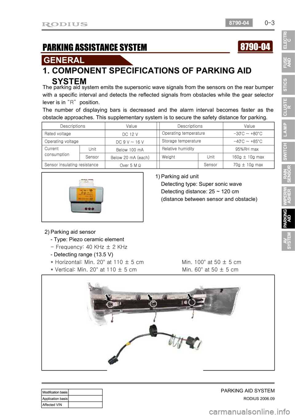 SSANGYONG RODIUS 2007  Service Manual 0-3
PARKING AID SYSTEM
RODIUS 2006.09
8790-04
8790-04PARKING ASSISTANCE SYSTEM
1. COMPONENT SPECIFICATIONS OF PARKING AID  
    SYSTEM 
The parking aid system emits the supersonic wave signals from th