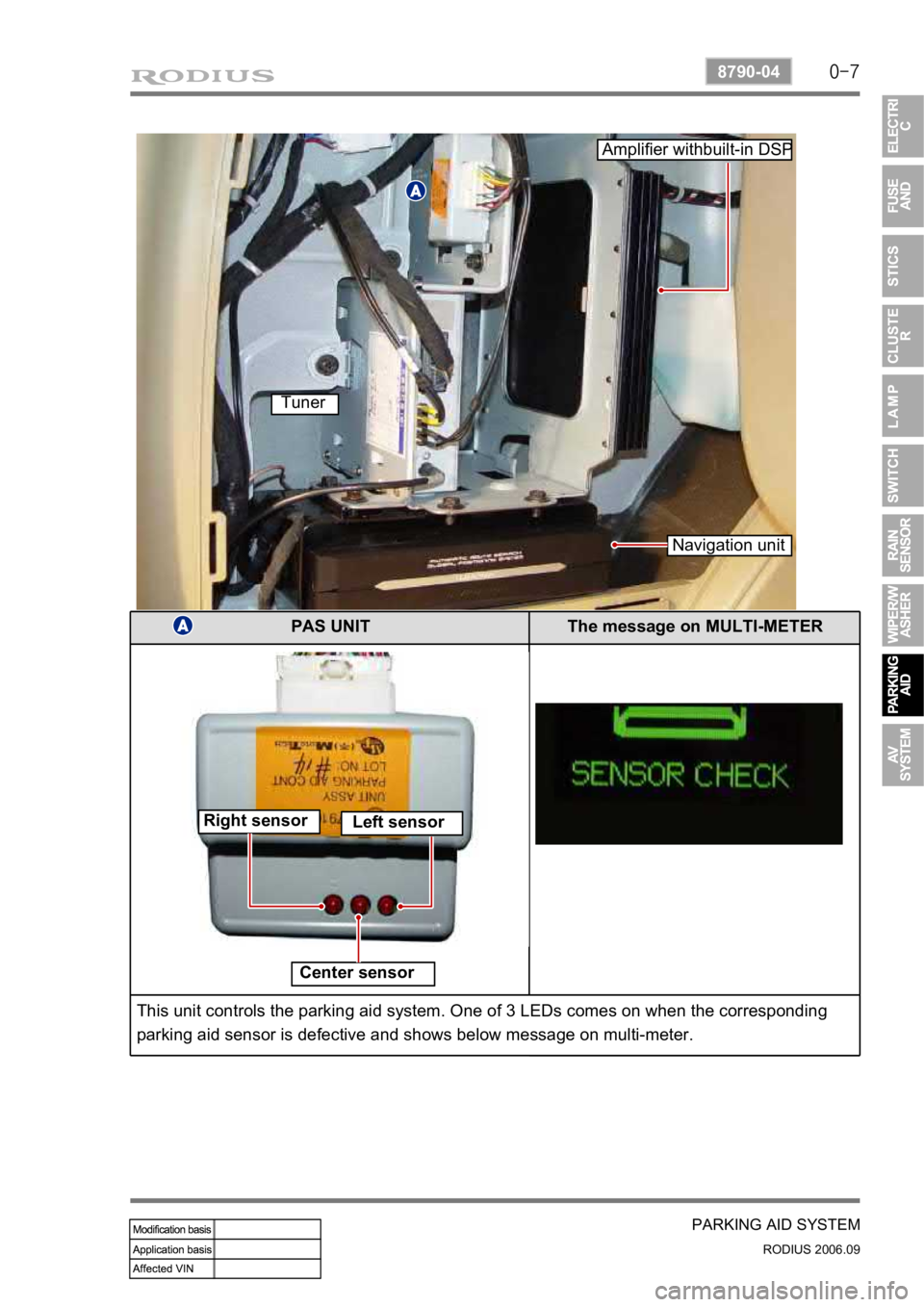 SSANGYONG RODIUS 2007 Service Manual 0-7
PARKING AID SYSTEM
RODIUS 2006.09
8790-04
PAS UNIT The message on MULTI-METER
Center sensor
This unit controls the parking aid system. One of 3 LEDs comes on when the corresponding
parking aid SSANGYONG RODIUS 2007 Service Manual 0-7
PARKING AID SYSTEM
RODIUS 2006.09
8790-04
PAS UNIT The message on MULTI-METER
Center sensor
This unit controls the parking aid system. One of 3 LEDs comes on when the corresponding
parking aid
