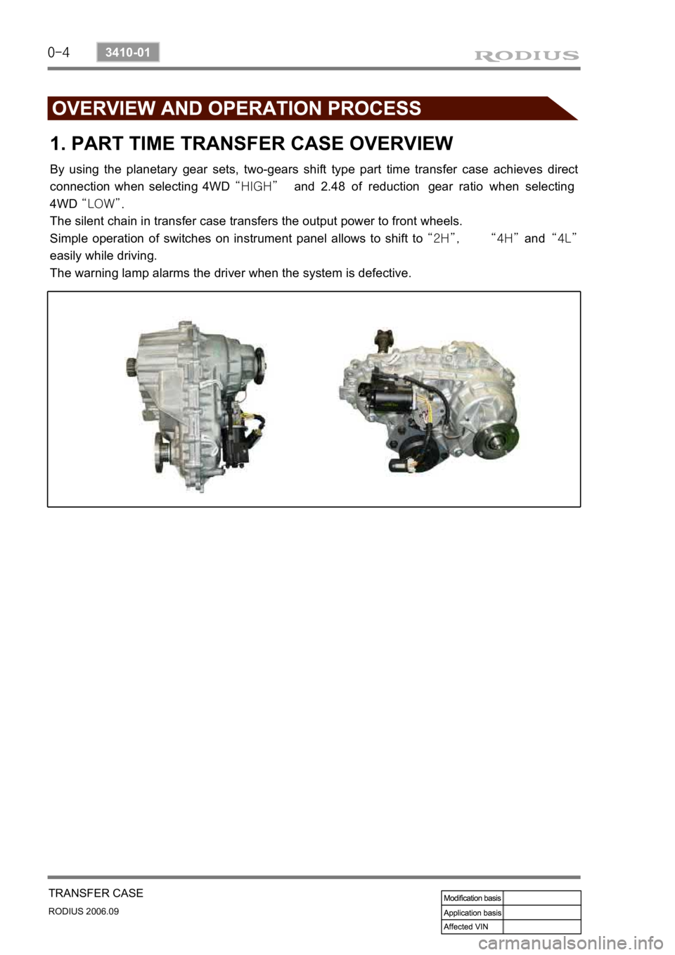 SSANGYONG RODIUS 2007  Service Manual 0-4
RODIUS 2006.09
3410-01
TRANSFER CASE
1. PART TIME TRANSFER CASE OVERVIEW
By using the planetary gear sets, two-gears shift type part time transfer case achieves direct  
connection when selecting 