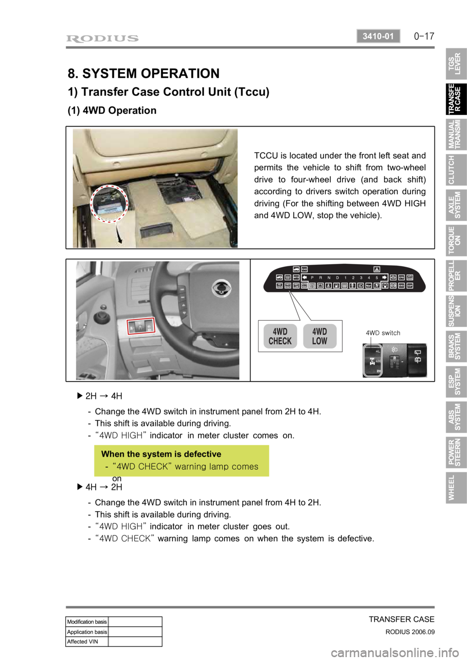 SSANGYONG RODIUS 2007  Service Manual 0-17
TRANSFER CASE
RODIUS 2006.09
3410-01
8. SYSTEM OPERATION
1) Transfer Case Control Unit (Tccu)
(1) 4WD Operation
TCCU is located under the front left seat and 
permits the vehicle to shift from tw