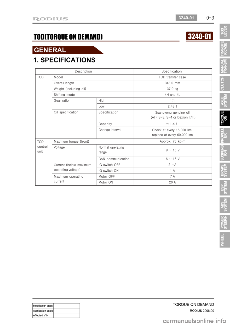SSANGYONG RODIUS 2007  Service Manual 0-3
TORQUE ON DEMAND
RODIUS 2006.09
3240-01
3240-01TOD(TORQUE ON DEMAND)
1. SPECIFICATIONS 
