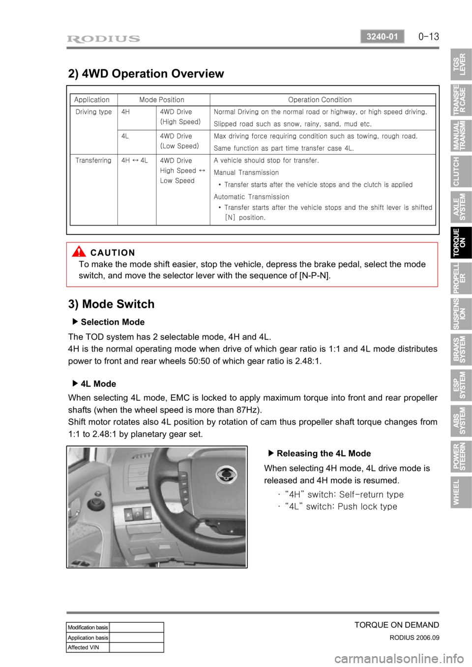SSANGYONG RODIUS 2007  Service Manual 0-13
TORQUE ON DEMAND
RODIUS 2006.09
3240-01
2) 4WD Operation Overview
To make the mode shift easier, stop the vehicle, depress the brake pedal, select the mode 
switch, and move the selector lever wi