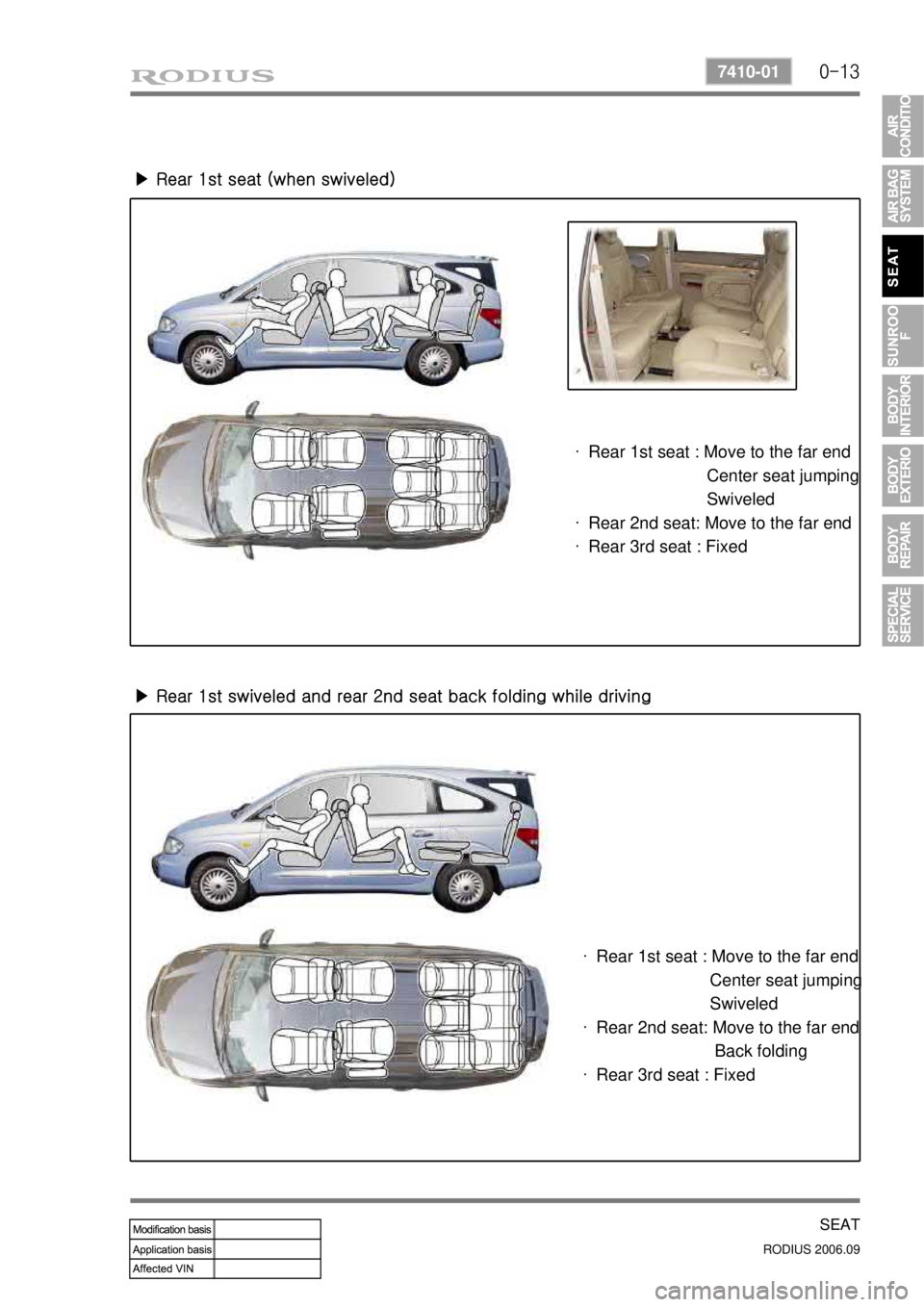 SSANGYONG RODIUS 2007  Service Manual 0-13
SEAT
RODIUS 2006.09
7410-01
▶ Rear 1st seat (when swiveled)
▶ Rear 1st swiveled and rear 2nd seat back folding while drivin g
Rear 1st seat : Move to the far end 
                         Cen