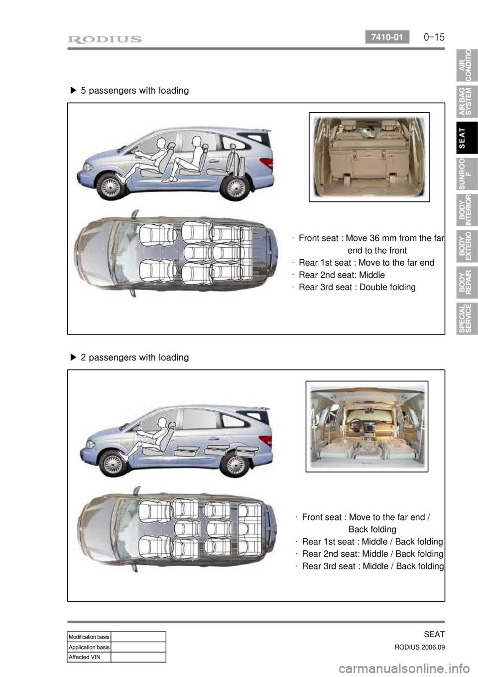SSANGYONG RODIUS 2007  Service Manual 0-15
SEAT
RODIUS 2006.09
7410-01
▶ 5 passengers with loading 
▶ 2 passengers with loading
Front seat : Move 36 mm from the far 
                    end to the front
Rear 1st seat : Move to the far