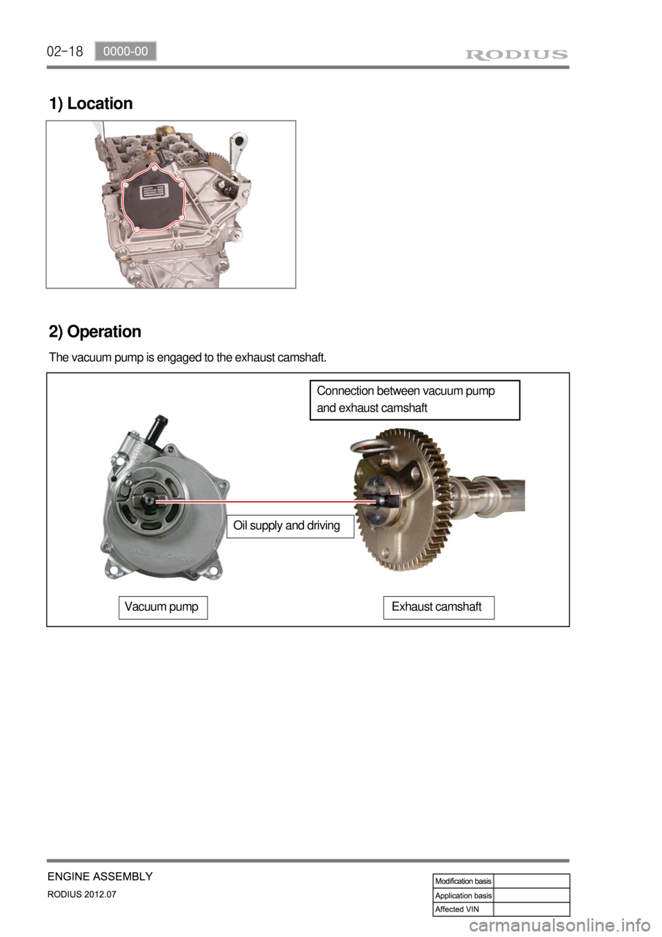 SSANGYONG RODIUS 2012  Service Manual 02-18
1) Location
2) Operation
The vacuum pump is engaged to the exhaust camshaft.
Connection between vacuum pump 
and exhaust camshaft
Oil supply and driving
Vacuum pumpExhaust camshaft 