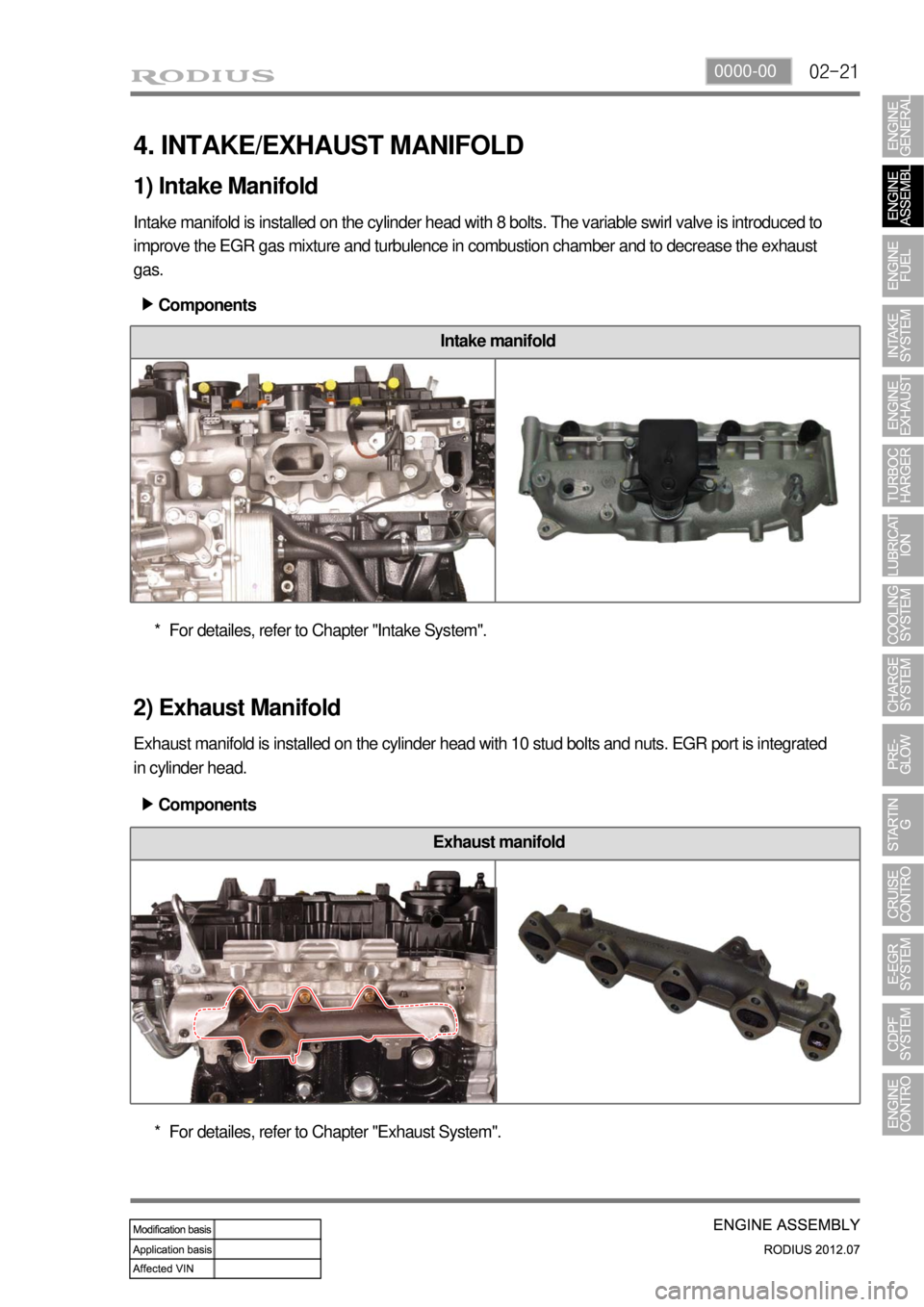 SSANGYONG RODIUS 2012  Service Manual 02-210000-00
4. INTAKE/EXHAUST MANIFOLD
1) Intake Manifold
Intake manifold is installed on the cylinder head with 8 bolts. The variable swirl valve is introduced to 
improve the EGR gas mixture and tu