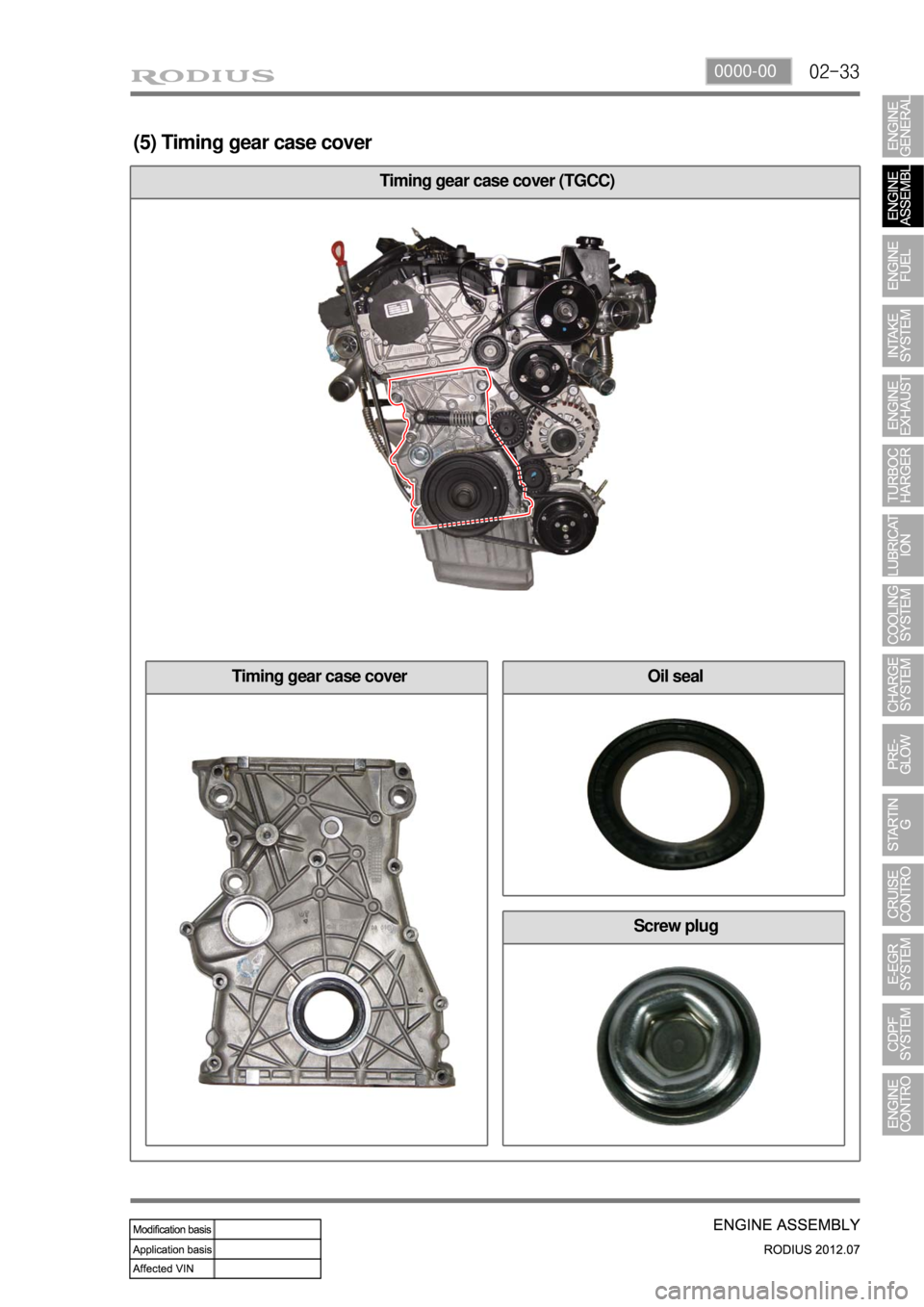 SSANGYONG RODIUS 2012  Service Manual 02-330000-00
Screw plug
Oil sealTiming gear case cover
Timing gear case cover (TGCC)
(5) Timing gear case cover 