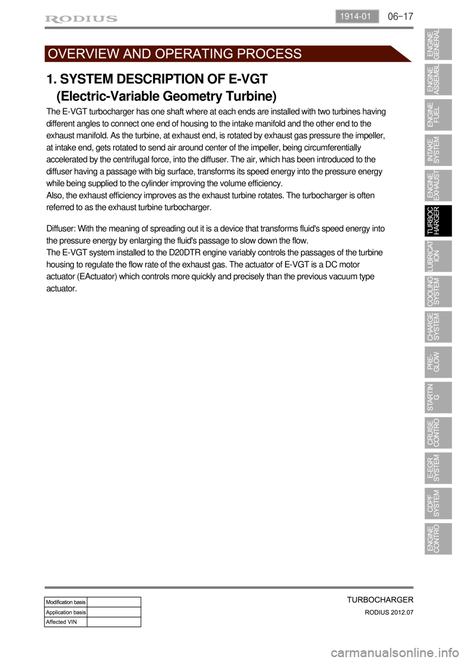 SSANGYONG RODIUS 2012 Service Manual 06-171914-01
1. SYSTEM DESCRIPTION OF E-VGT
(Electric-Variable Geometry Turbine)
The E-VGT turbocharger has one shaft where at each ends are installed with two turbines having
different angles to SSANGYONG RODIUS 2012 Service Manual 06-171914-01
1. SYSTEM DESCRIPTION OF E-VGT
(Electric-Variable Geometry Turbine)
The E-VGT turbocharger has one shaft where at each ends are installed with two turbines having
different angles to