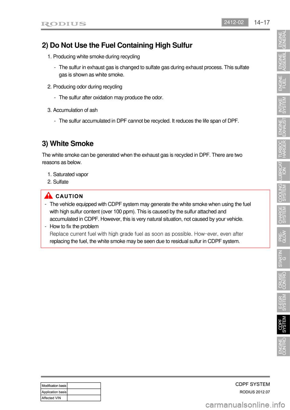 SSANGYONG RODIUS 2012  Service Manual 14-172412-02
2) Do Not Use the Fuel Containing High Sulfur
Producing white smoke during recycling 1.
The sulfur in exhaust gas is changed to sulfate gas during exhaust process. This sulfate 
gas is sh