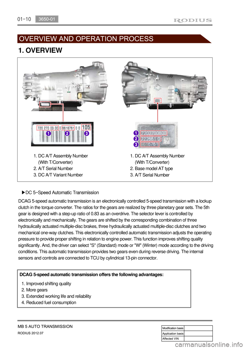 SSANGYONG RODIUS 2012 Owners Guide 01-10
1. OVERVIEW
â–¶DC 5-Speed Automatic Transmission
DCAG 5-speed automatic transmission is an electronically controlled 5-speed transmission with a lockup
clutch in the torque converter. The ratio SSANGYONG RODIUS 2012 Owners Guide 01-10
1. OVERVIEW
â–¶DC 5-Speed Automatic Transmission
DCAG 5-speed automatic transmission is an electronically controlled 5-speed transmission with a lockup
clutch in the torque converter. The ratio