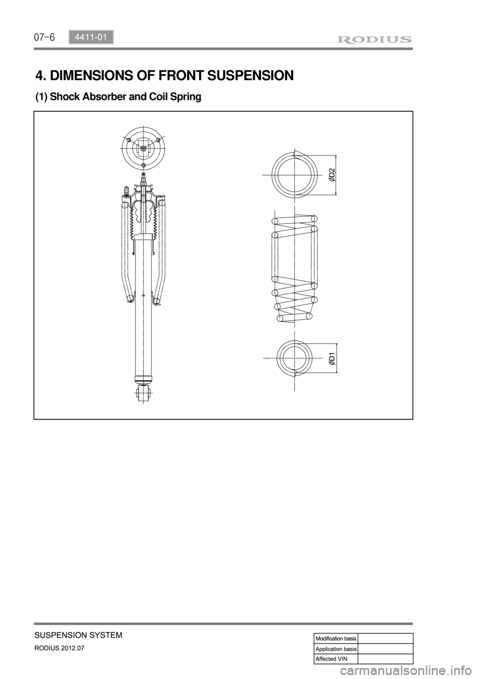 SSANGYONG RODIUS 2012 Service Manual 07-6
(1) Shock Absorber and Coil Spring
4. DIMENSIONS OF FRONT SUSPENSION SSANGYONG RODIUS 2012 Service Manual 07-6
(1) Shock Absorber and Coil Spring
4. DIMENSIONS OF FRONT SUSPENSION