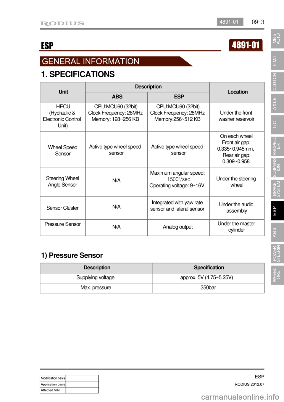SSANGYONG RODIUS 2012 Service Manual 09-34891-01
1. SPECIFICATIONS
1) Pressure Sensor
UnitDescription
Location
ABS ESP
HECU
(Hydraulic &
Electronic Control
Unit) CPU:MCU60 (32bit)
Clock Frequency: 28MHz
Memory: 128~256 KB CPU:MCU60 (32 SSANGYONG RODIUS 2012 Service Manual 09-34891-01
1. SPECIFICATIONS
1) Pressure Sensor
UnitDescription
Location
ABS ESP
HECU
(Hydraulic &
Electronic Control
Unit) CPU:MCU60 (32bit)
Clock Frequency: 28MHz
Memory: 128~256 KB CPU:MCU60 (32