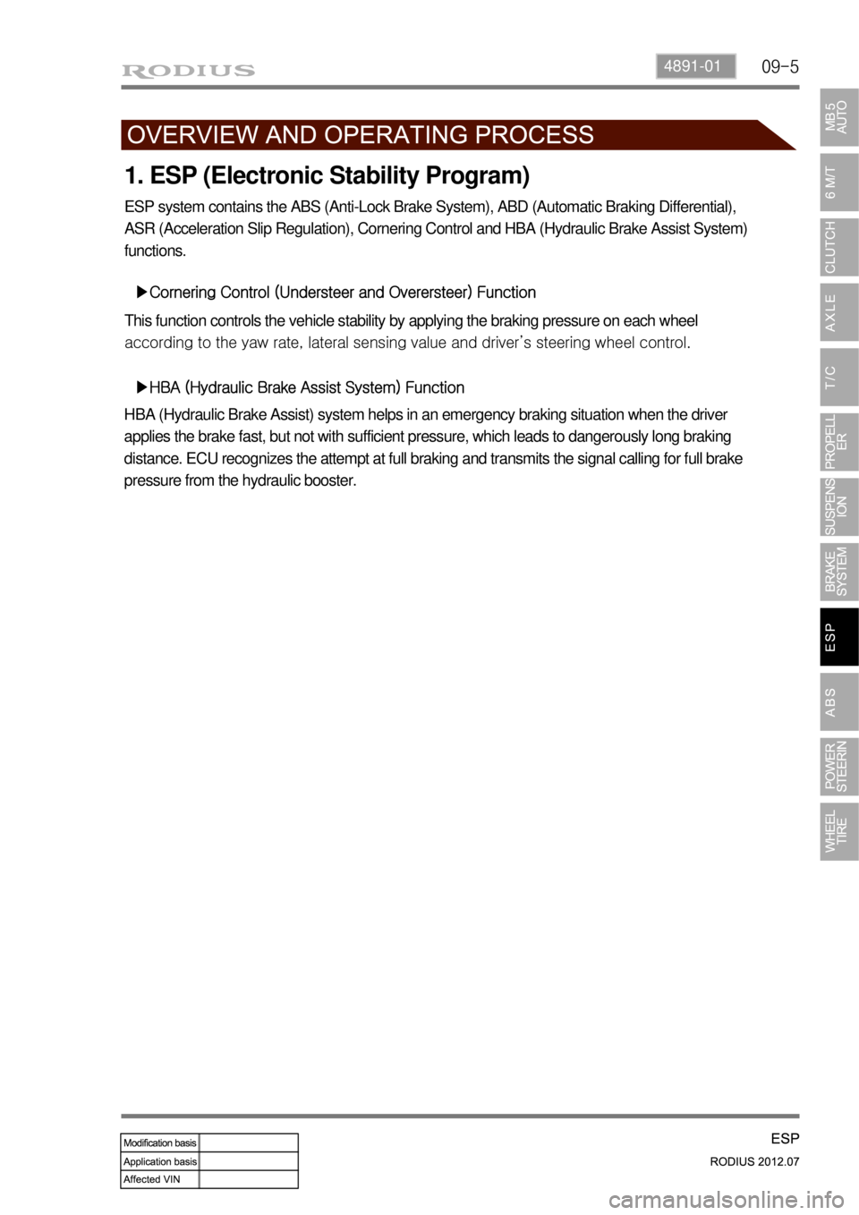 SSANGYONG RODIUS 2012 Owners Guide 09-54891-01
1. ESP (Electronic Stability Program)
ESP system contains the ABS (Anti-Lock Brake System), ABD (Automatic Braking Differential),
ASR (Acceleration Slip Regulation), Cornering Control and SSANGYONG RODIUS 2012 Owners Guide 09-54891-01
1. ESP (Electronic Stability Program)
ESP system contains the ABS (Anti-Lock Brake System), ABD (Automatic Braking Differential),
ASR (Acceleration Slip Regulation), Cornering Control and