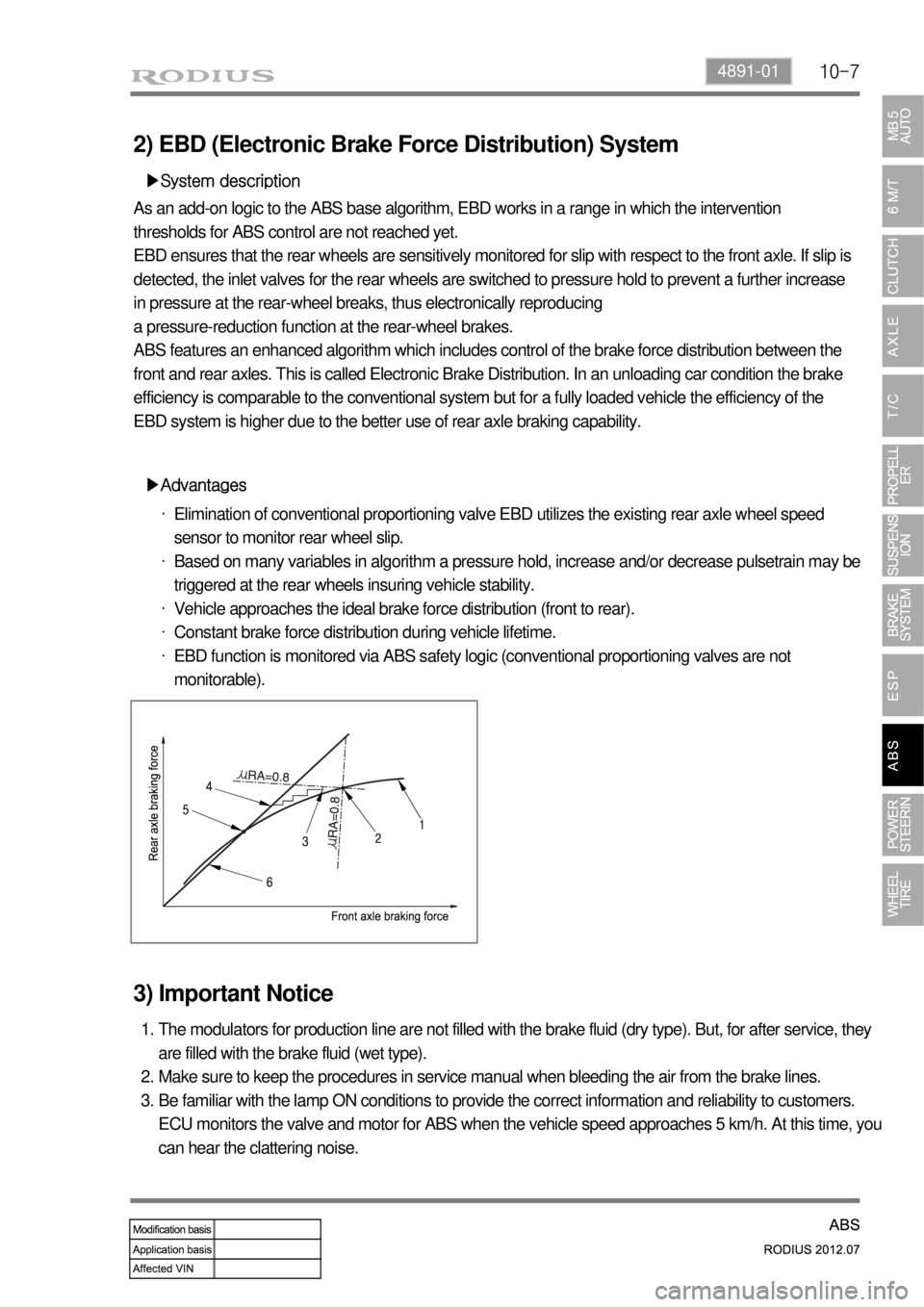 SSANGYONG RODIUS 2012 User Guide 10-74891-01
2) EBD (Electronic Brake Force Distribution) System
▶System description
As an add-on logic to the ABS base algorithm, EBD works in a range in which the intervention
thresholds for ABS c SSANGYONG RODIUS 2012 User Guide 10-74891-01
2) EBD (Electronic Brake Force Distribution) System
▶System description
As an add-on logic to the ABS base algorithm, EBD works in a range in which the intervention
thresholds for ABS c