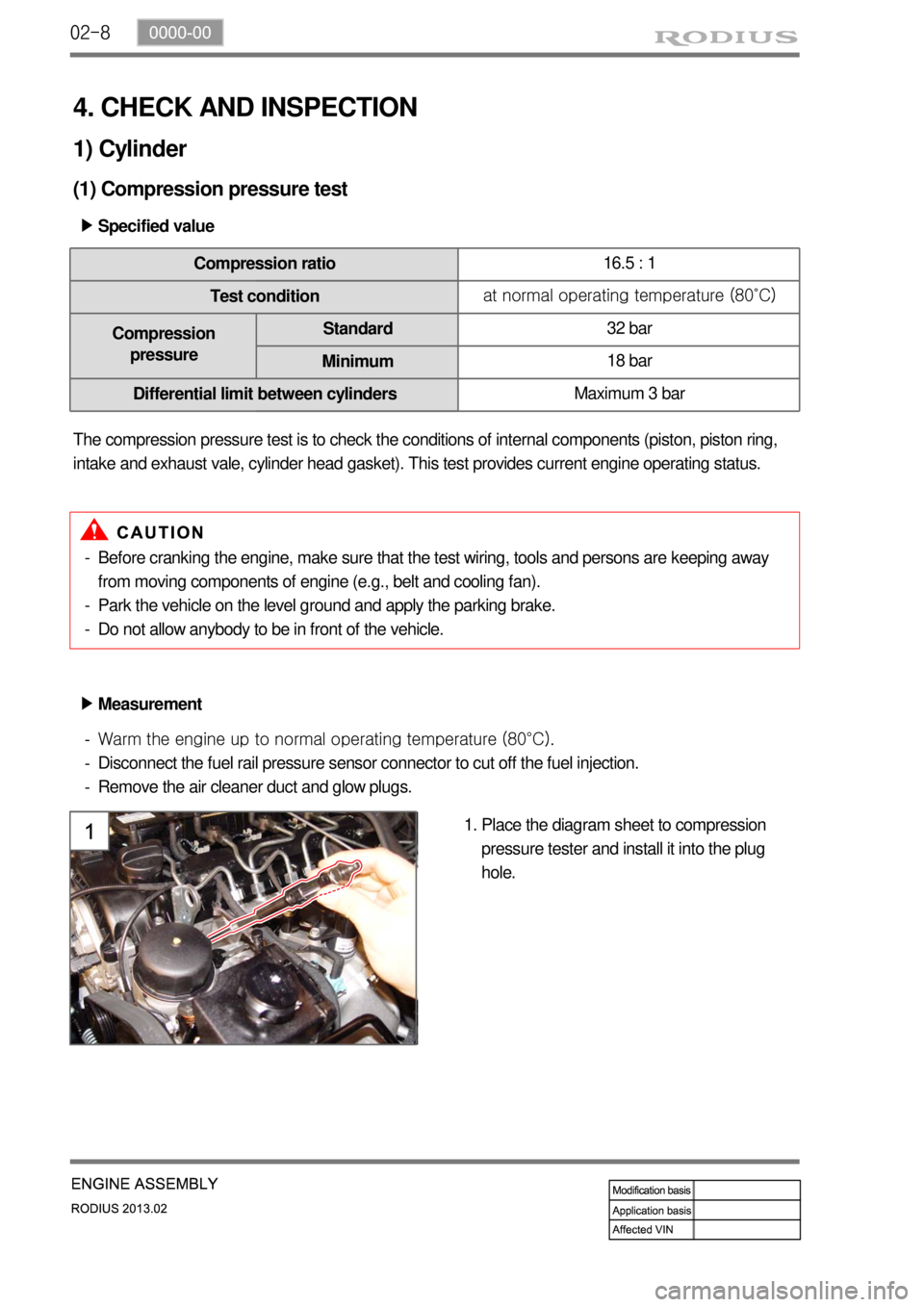 SSANGYONG TURISMO 2013 Service Manual 02-8
4. CHECK AND INSPECTION
1) Cylinder
(1) Compression pressure test
Specified value ▶
Compression ratio16.5 : 1
Test conditionat normal operating temperature (80˚C)
Compression
pressureStandar SSANGYONG TURISMO 2013 Service Manual 02-8
4. CHECK AND INSPECTION
1) Cylinder
(1) Compression pressure test
Specified value ▶
Compression ratio16.5 : 1
Test conditionat normal operating temperature (80˚C)
Compression
pressureStandar