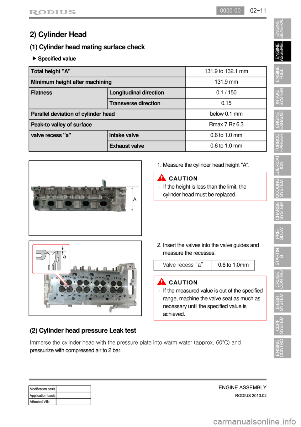 SSANGYONG TURISMO 2013  Service Manual 02-110000-00
2) Cylinder Head
(1) Cylinder head mating surface check
Specified value ▶
Measure the cylinder head height "A".
1.
Insert the valves into the valve guides and 
measure the recesses. 2.
