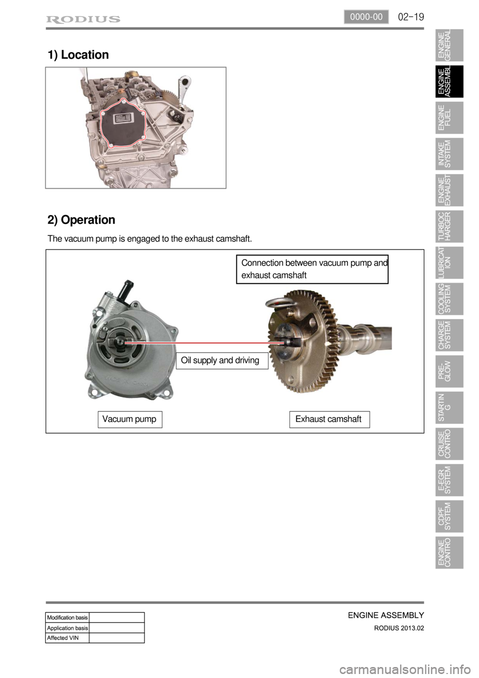 SSANGYONG TURISMO 2013  Service Manual 02-190000-00
1) Location
2) Operation
The vacuum pump is engaged to the exhaust camshaft.
Connection between vacuum pump and 
exhaust camshaft
Oil supply and driving
Vacuum pumpExhaust camshaft 