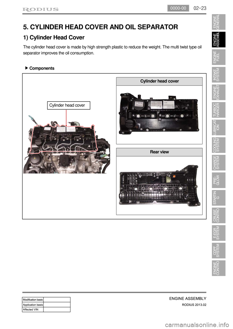 SSANGYONG TURISMO 2013  Service Manual 02-230000-00
Rear view
5. CYLINDER HEAD COVER AND OIL SEPARATOR
The cylinder head cover is made by high strength plastic to reduce the weight. The multi twist type oil 
separator improves the oil cons