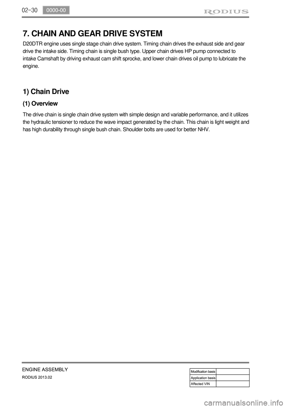 SSANGYONG TURISMO 2013  Service Manual 02-30
1) Chain Drive
(1) Overview
The drive chain is single chain drive system with simple design and variable performance, and it utilizes 
the hydraulic tensioner to reduce the wave impact generated