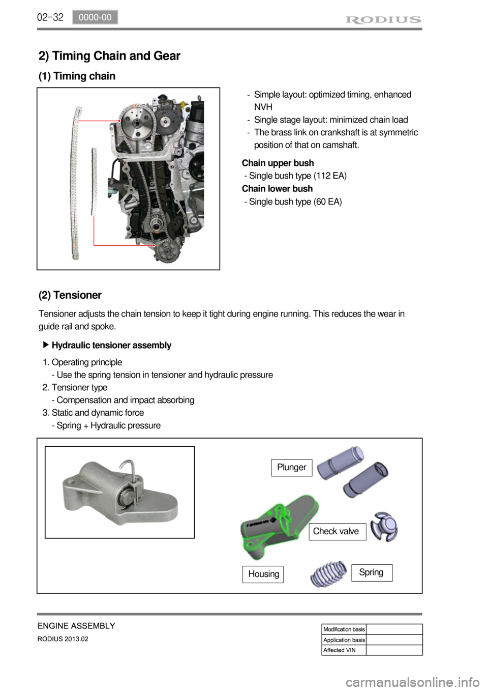 SSANGYONG TURISMO 2013  Service Manual 02-32
2) Timing Chain and Gear
(1) Timing chain
Simple layout: optimized timing, enhanced 
NVH
Single stage layout: minimized chain load
The brass link on crankshaft is at symmetric 
position of that 