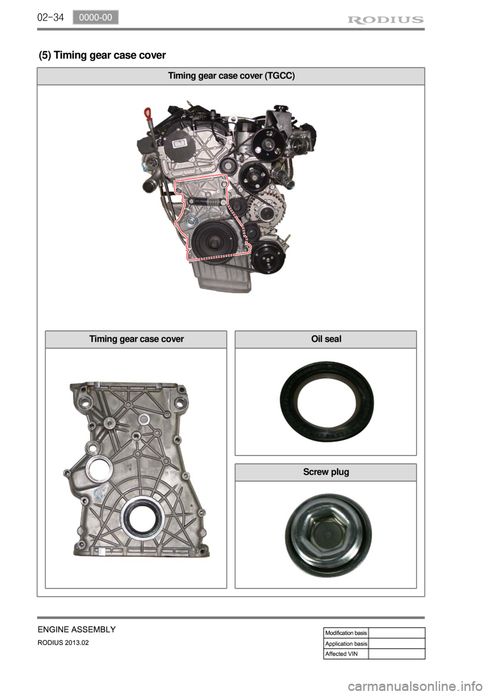 SSANGYONG TURISMO 2013  Service Manual 02-34
Screw plug
Oil sealTiming gear case cover
Timing gear case cover (TGCC)
(5) Timing gear case cover 