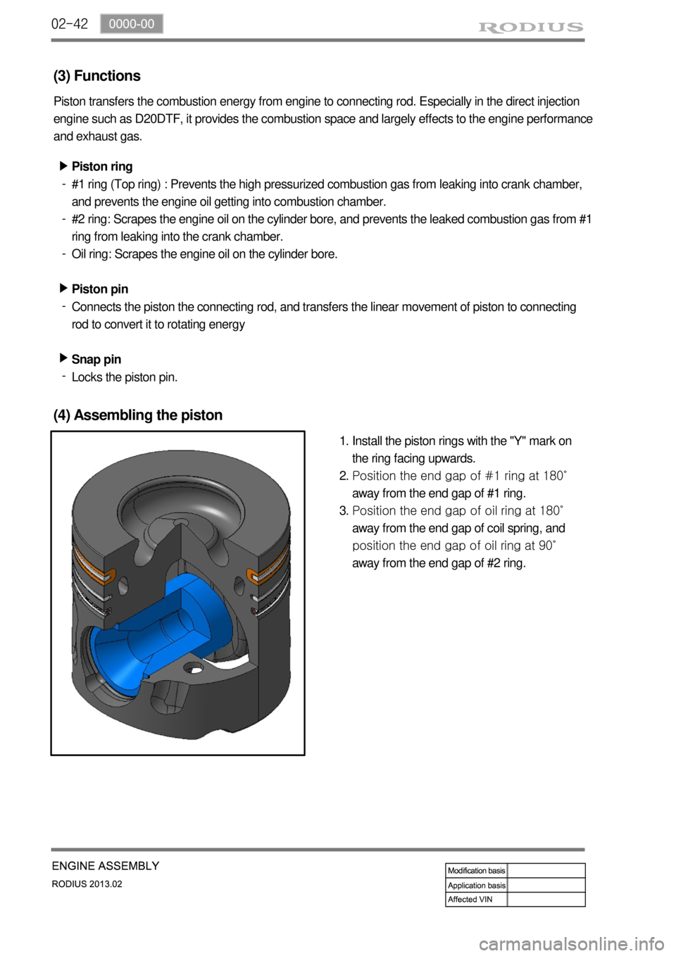 SSANGYONG TURISMO 2013  Service Manual 02-42
(3) Functions
Piston transfers the combustion energy from engine to connecting rod. Especially in the direct injection 
engine such as D20DTF, it provides the combustion space and largely effect