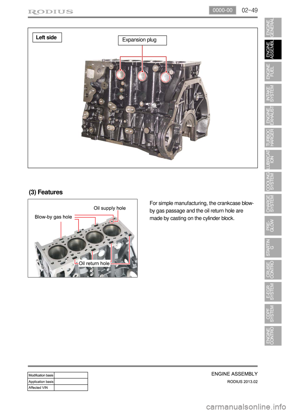 SSANGYONG TURISMO 2013 User Guide 02-490000-00
Left sideExpansion plug
(3) Features
For simple manufacturing, the crankcase blow-
by gas passage and the oil return hole are 
made by casting on the cylinder block. 